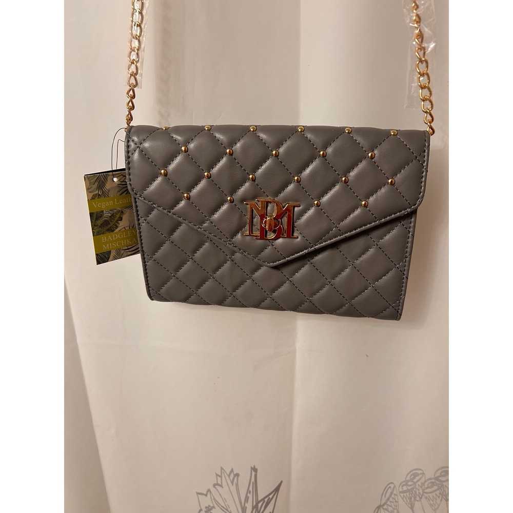 Badgley Mischka Grey Quilted Vegan Leather Studded Crossbody Bag BM-4181 NWT